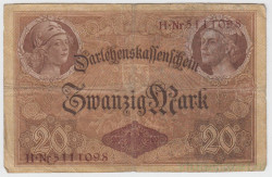 Банкнота. Кредитный билет. Германия. Германская империя (1871-1918). 20 марок 1914 год. Номер серии (семь цифр и одна буква).