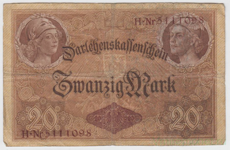 Банкнота. Кредитный билет. Германия. Германская империя (1871-1918). 20 марок 1914 год. Номер серии (семь цифр и одна буква).