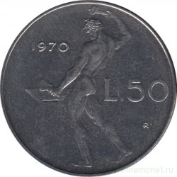 Монета. Италия. 50 лир 1970 год.