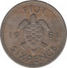 Монета. Фиджи. 6 пенсов 1961 год. ав.