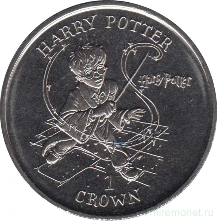 Монета. Великобритания. Остров Мэн. 1 крона 2001 год. Гарри Поттер с волшебной палочкой.