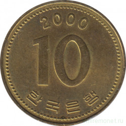 Монета. Южная Корея. 10 вон 2000 год.