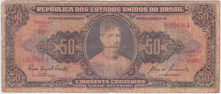 Банкнота. Бразилия. 50 крузейро (1954-1961) года. Тип 161c.