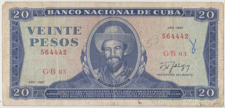 Банкнота. Куба. 20 песо 1987 год. Тип 105d.