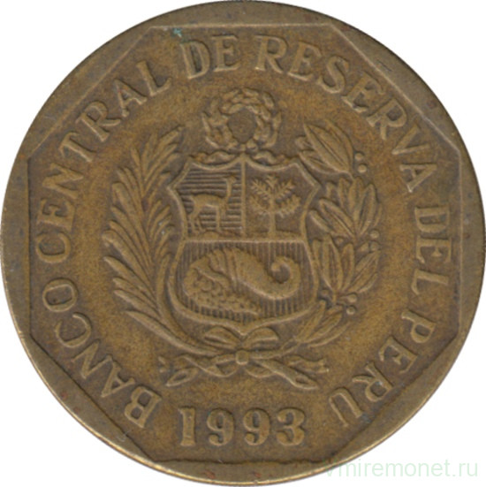 Монета. Перу. 10 сентимо 1993 год.