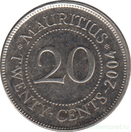 Монета. Маврикий. 20 центов 2004 год.