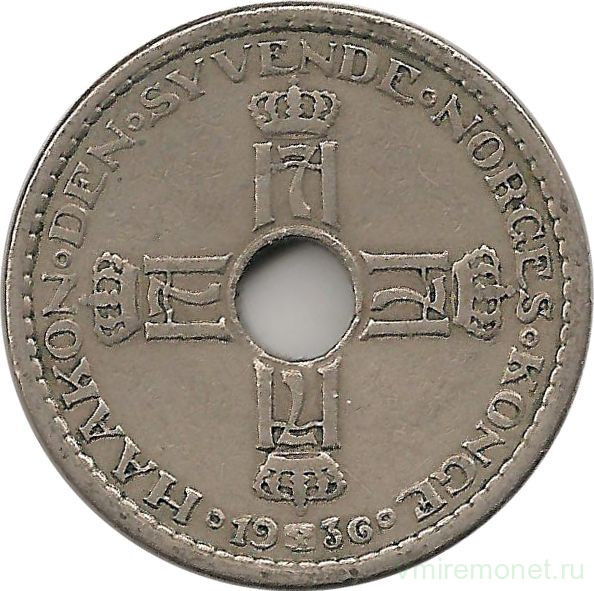 Монета. Норвегия. 1 крона 1936 год.