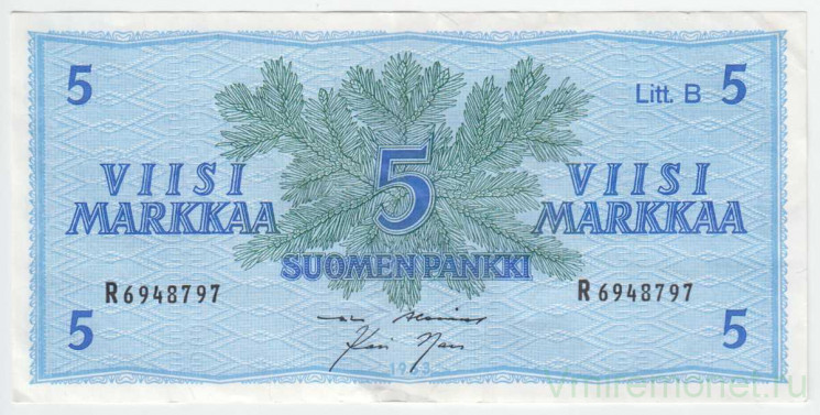 Банкнота. Финляндия. 5 марок 1963 год. Лит B. Тип 106Aa(38).