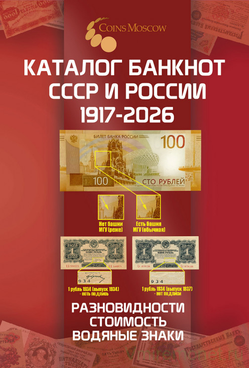 Каталог. Coins Moscow. Каталог банкнот России 1917 - 2026. Разновидности, стоимость, водяные знаки. Редакция 5.