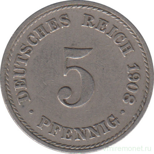 Монета. Германия (Германская империя 1871-1922). 5 пфеннигов 1908 год. (А).
