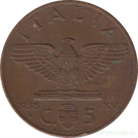 Монета. Италия. 5 чентезимо 1938 год.
