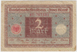 Банкнота. Германия. Кредитный билет. Веймарская республика. 2 марки 1920 год. Изображение - коричневый, печать - красный цвет. 2 и 6 цифр в нумераторе.