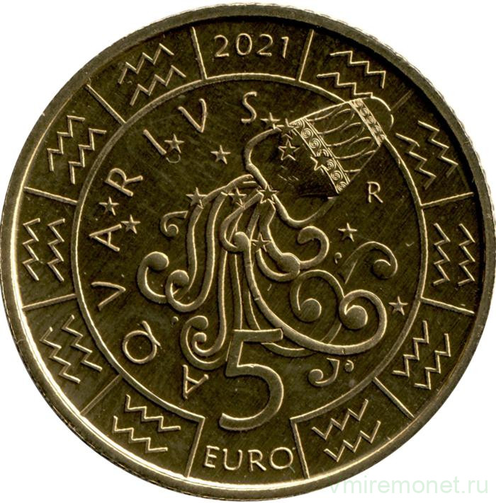 Монета. Сан-Марино. 5 евро 2021 год. Водолей. Знаки зодиака.