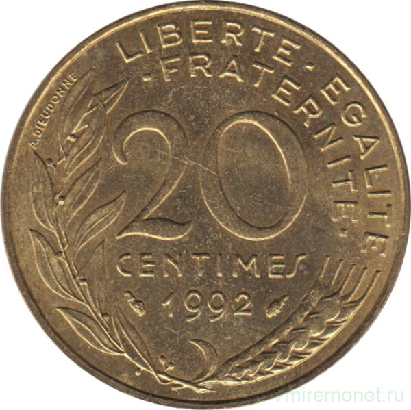 Монета. Франция. 20 сантимов 1992 год.