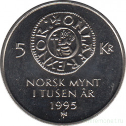 Монета. Норвегия. 5 крон 1995 год. 1000 лет чеканке монет в Норвегии.