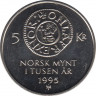  Монета. Норвегия. 5 крон 1995 год. 1000 лет чеканке монет в Норвегии. ав.