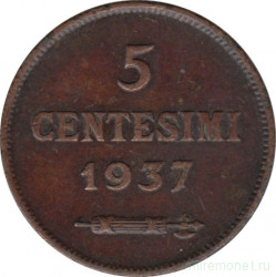 Монета. Сан-Марино. 5 чентезимо 1937 год.