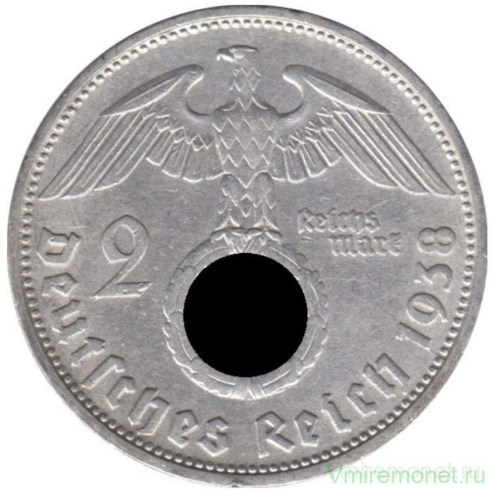 Монета. Германия. Третий Рейх. 2 рейхсмарки 1938 год. Монетный двор - Мюнхен (D).