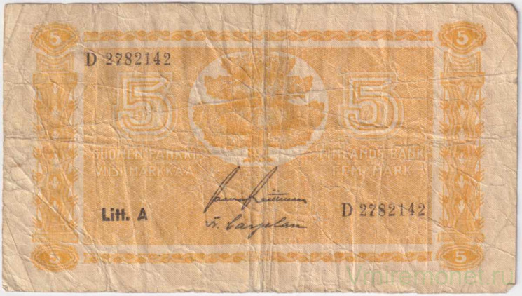 Банкнота. Финляндия. 5 марок 1945 год. Лит. А. Тип 76a(8).
