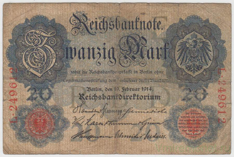 Банкнота. Германия. Германская империя (1871-1918). 20 марок 1914 год. Номер серии (шесть цифр и одна буква) - красный цвет.