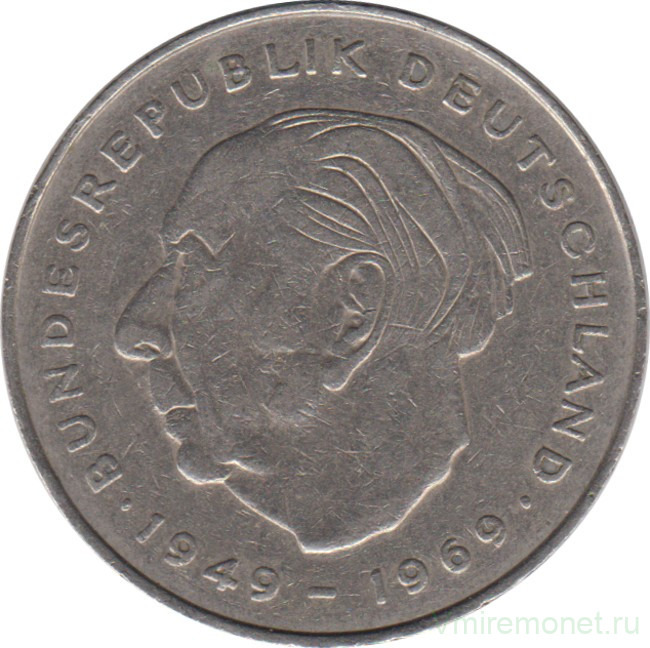 Монета. ФРГ. 2 марки 1973 год. Теодор Хойс. Монетный двор - Мюнхен (D).