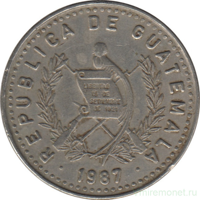 Монета. Гватемала. 25 сентаво 1987 год.