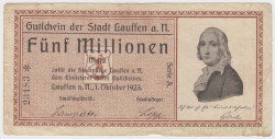 Бона. Нотгельд. Германия. Город Лауффен на Неккаре. 5 миллионов марок 1923 год.