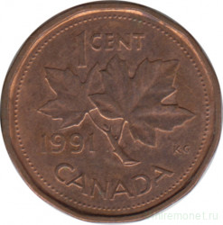 Монета. Канада. 1 цент 1991 год.