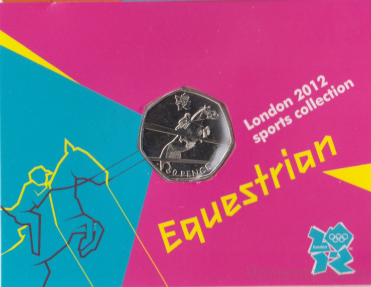 Монета. Великобритания. 50 пенсов 2011 год. XXX летние олимпийские игры Лондон 2012. Конный спорт. В блистере.