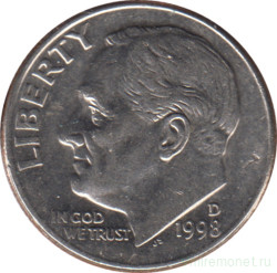 Монета. США. 10 центов 1998 год. Монетный двор D.