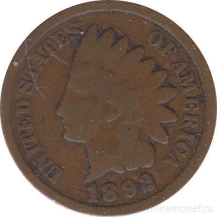 Монета. США. 1 цент 1892 год.