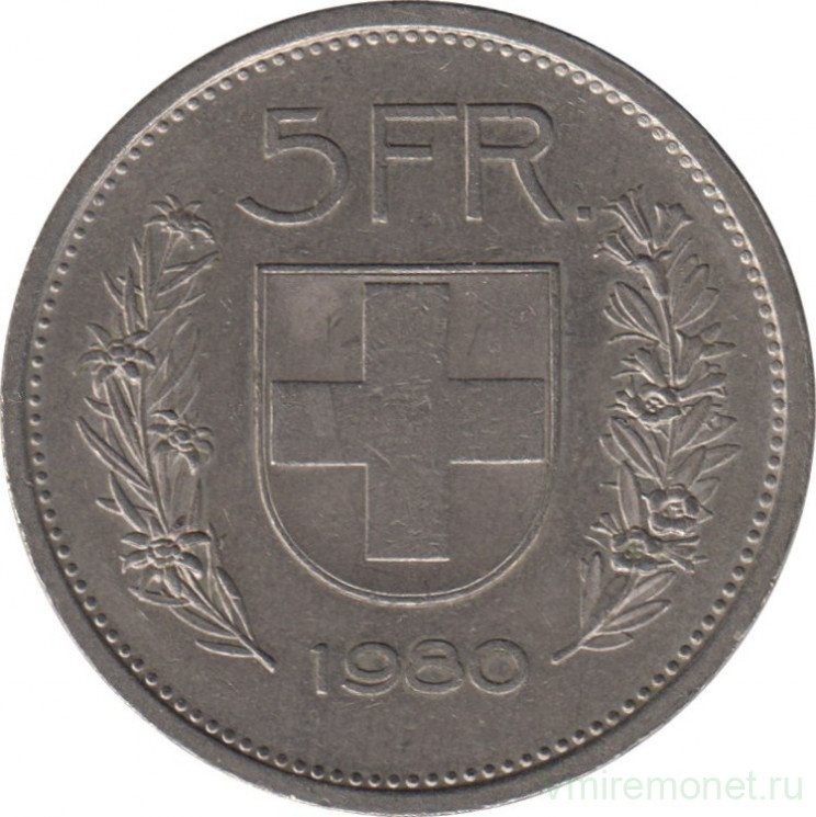 Монета. Швейцария. 5 франков 1980 год.