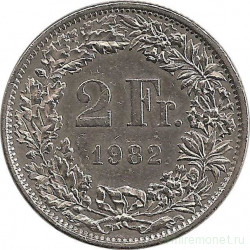Монета. Швейцария. 2 франка 1982 год.
