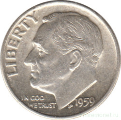 Монета. США. 10 центов 1959 год. Серебряный дайм Рузвельта. Монетный двор D.