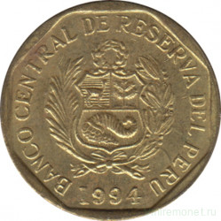 Монета. Перу. 10 сентимо 1994 год.