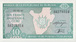 Банкнота. Бурунди. 10 франков 1997 год. Тип 33d.