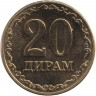 Монета. Таджикистан. 20 дирамов 2025 год.