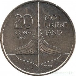 Монета. Норвегия. 20 крон 1999 год. Винланд - открытие викингами Америки.