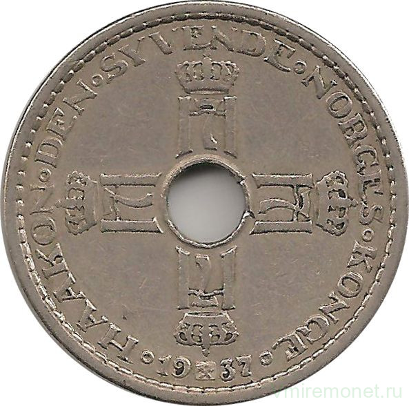 Монета. Норвегия. 1 крона 1937 год.