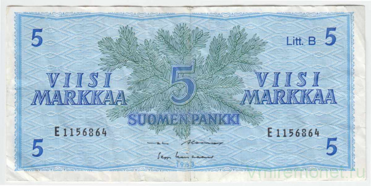 Банкнота. Финляндия. 5 марок 1963 год. Лит B. Тип 106Aa(34).