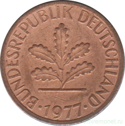 Монета. ФРГ. 1 пфенниг 1977 год. Монетный двор - Гамбург (J).