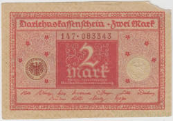 Банкнота. Кредитный билет. Германия. Веймарская республика. 2 марки 1920 год. Изображение - красный, печать - красный цвет. 3 и 6 цифр в нумераторе.