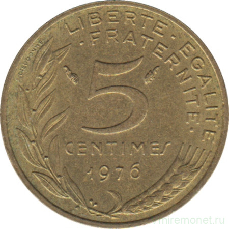 Монета. Франция. 5 сантимов 1976 год.