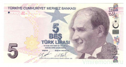 Банкнота. Турция. 5 лир 2009 год. Тип 222d.