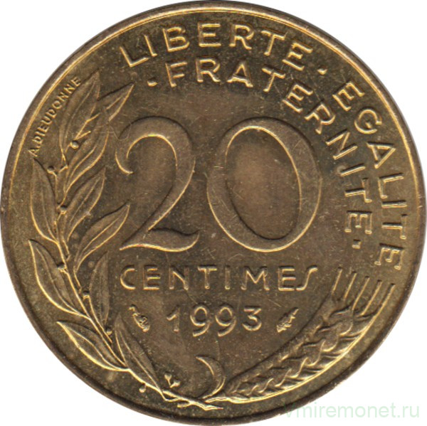 Монета. Франция. 20 сантимов 1993 год.