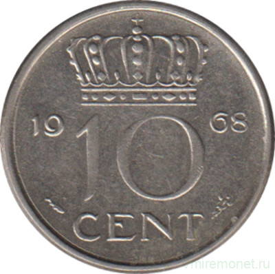 Монета. Нидерланды. 10 центов 1968 год.