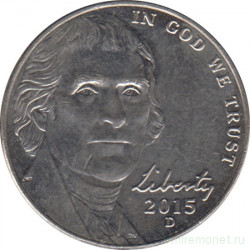 Монета. США. 5 центов 2015 год. Монетный двор D.