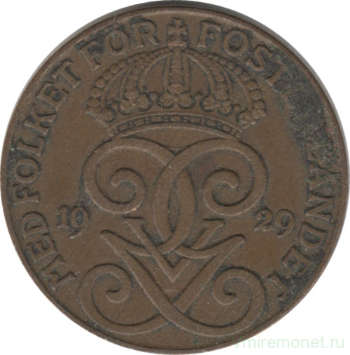 Монета. Швеция. 2 эре 1929 год.