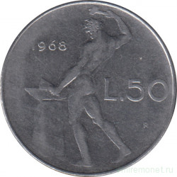 Монета. Италия. 50 лир 1968 год.