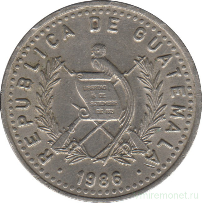 Монета. Гватемала. 25 сентаво 1986 год.